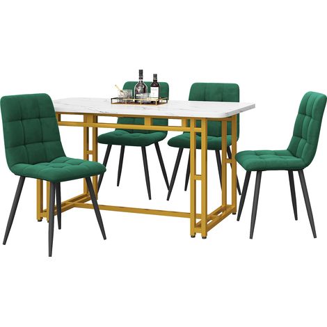 Table à manger 4 chaises en velours vert foncé avec plateau MDF et pieds métal dorés, lot repas moderne pour cuisine et salon - CHICFURN (1/5)