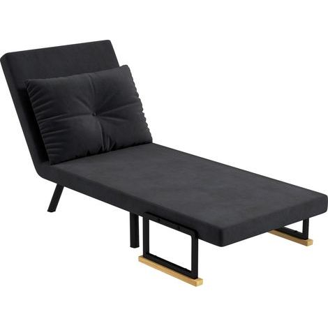 Fauteuil convertible 4 en 1 lit 1 place dossier 5 positions, accoudoirs en bois et coussin, tissu effet velours, noir (1/5)