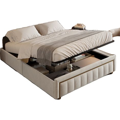 Cadre de lit, rangement hydraulique, tête de lit en velours, Beige, 160×200cm (1/2)