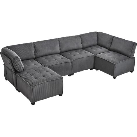 Modulares Sofa 6 Plätze aus Cord-Samt mit Armlehne, Ergonomische Rückenlehne und Seitentaschen, Grau (1/5)