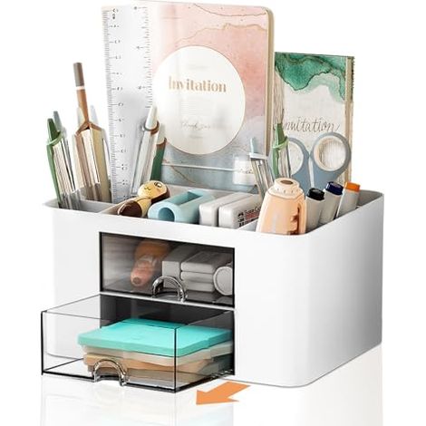 Stiftehalter für den Schreibtisch – Aufbewahrungsbox mit zwei Schubladen – Schreibtisch-Organizer mit 5 Fächern – niedlicher Stiftebecher – geeignet für Büro, Schule und Zuhause (weiß) (1/5)