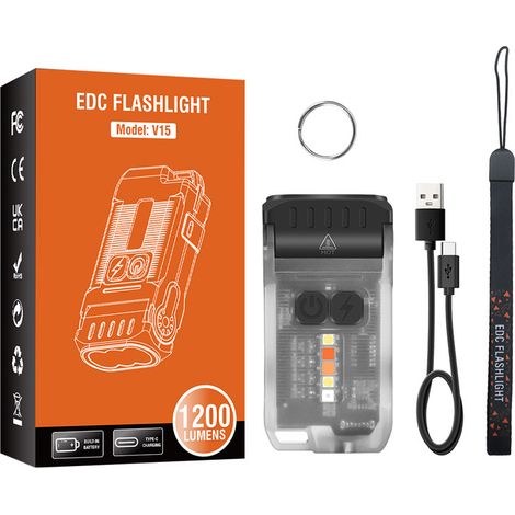 V15 Mini Lampe de Poche Led Ultra Puissante 1200Lm Rechargeable USB C, EDC Petite Lampe Torche Clé Lumière Chaude Rouge Bleu 10 Modes Imperméable IP67 Flashlight Clip [Classe énergétique G] (1/5)