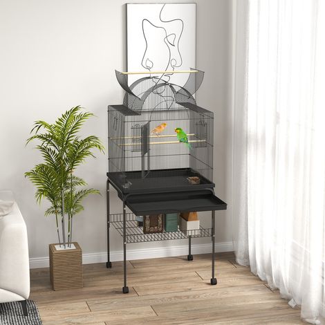 Grande volière pour perruches sur roulettes, avec plateau, espace de rangement et station d'alimentation, en acier noir 63x53x144 cm pour canaris