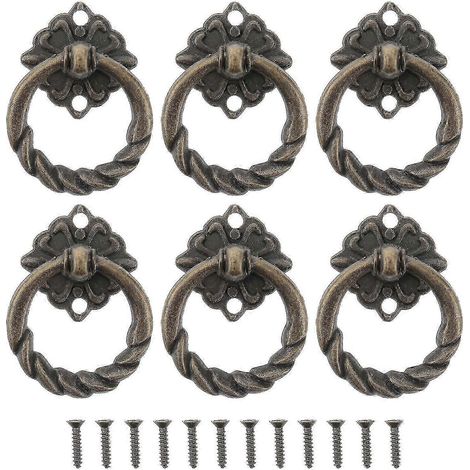 Lot de 6 poignées anneaux de porte et tiroir de placard de cuisine style rétro vintage - Taille L (laiton antique) (1/5)