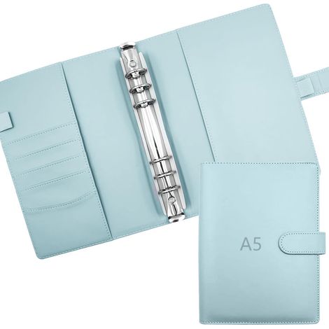Classeur à Anneaux A5 Rechargeable Classeur 6 Anneaux Cuir Couverture de Carnet de Notes Couverture Budget Enveloppe pour Recharge Agenda A5,Planificateur-Bleu (1/5)