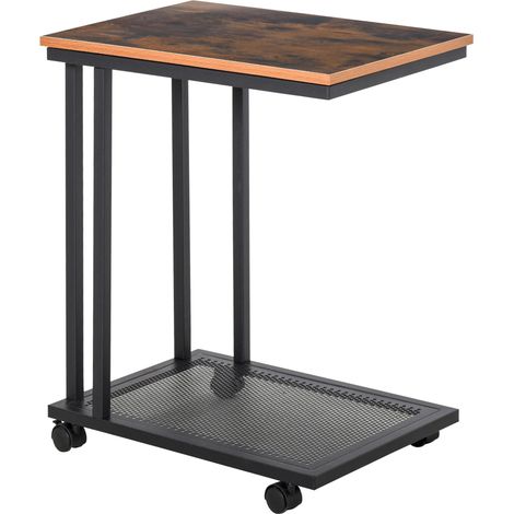 Table d’appoint en C avec roulettes, multi-usage (desserte, ordinateur, chevet), structure métal, design industriel, noir et veinage noyer, 51 x 36 x 65 cm