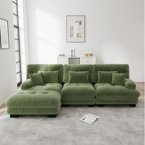 Sofá de esquina modular de chenilla verde con ottoman, 313 x 145 x 81 cm HAVRYA (1/5)