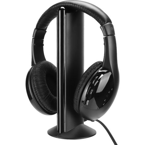 Casque sans fil FM 5 en 1 avec microphone intégré et support de chargement (1/5)