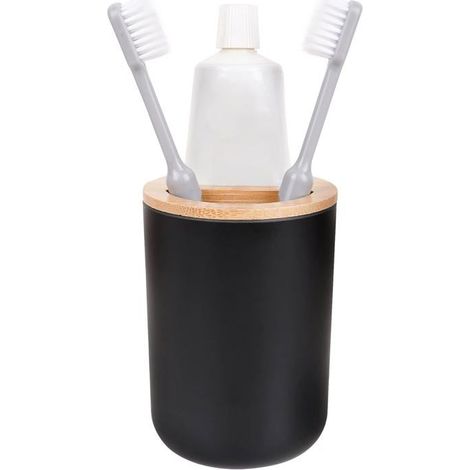Porte-Brosse À Dents Noir Et Bois–Organiseur De Salle De Bain Rond En Bambou Et Plastique–Petit Panier À Dentifrice–Décorati[CA252] (1/5)