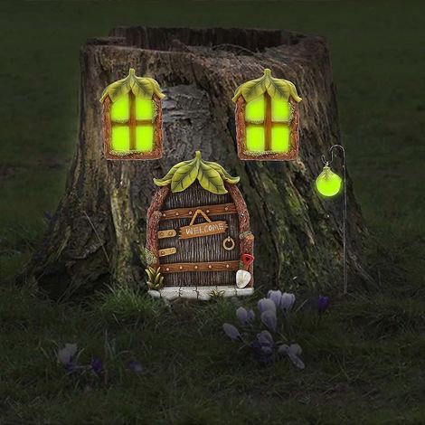 Ensemble de 4 décorations de jardin féeriques (portes de fées et de gnomes), décorations miniatures pour arbre de fées, pendentifs lumineux en résine pour portes et fenêtres d'arbre. (1/5)