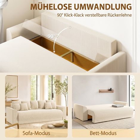 Schlafsofa 230 cm, 3-Sitzer, mit Schlaffunktion, Kissen, Stauraum, Samtbezug, für das Wohnzimmer, beige. (1/5)
