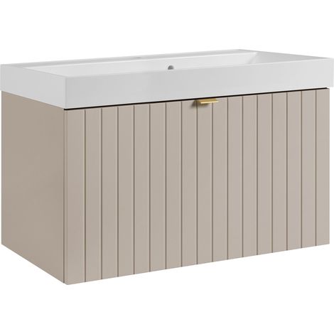 Meuble vasque suspendu HARMO 80 cm avec vasque encastrée en résine Façade rainuré cachemire (1/5)