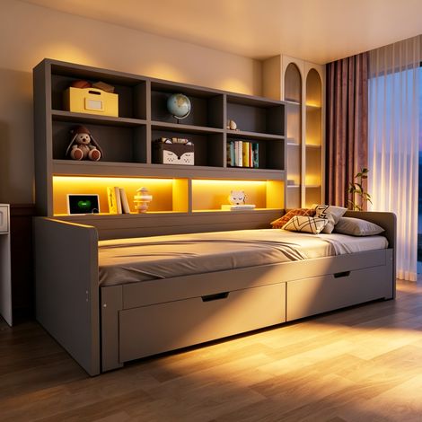 Lit banquette extensible 90x200/180x200 cm avec rangements, éclairage LED, prises, étagères et 2 tiroirs - MDF Gris (1/5)