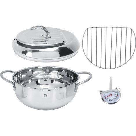 Friteuse en acier inoxydable avec thermomètre, égouttoir à huile, couvercle amovible multifonctionnel, idéale pour la friture de tempura, de frites et de poulet. (1/5)