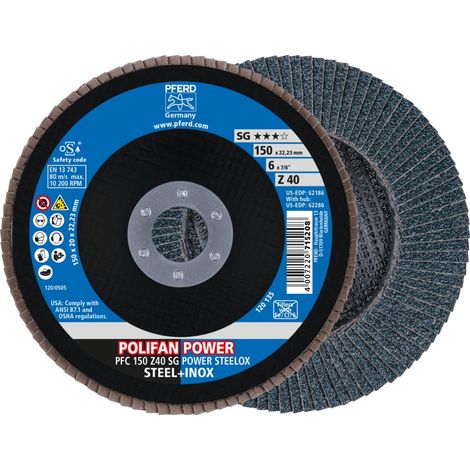 PFERD TOOLS POLIFAN POWER Fächerscheibe PFC 150x22,23 mm konisch Z40 SG STEELOX Stahl/Edelstahl 10 Stk (1/5)