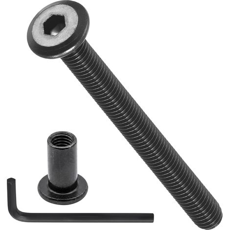 Kit De Bouchons D'Écrous Et De Boulons De Connexion De Meuble Avec Clé (M6-1x65mm) 20Pcs, Boulons De Connexion M6 Vis À Tête Plate Écrous Barillet, Pour Chair Cabinet Bed, Noir (1/5)