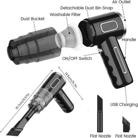 Mini aspirateur à main sans fil pour voiture, portable, rechargeable par USB, 290 000 Pa, 28 W, 36 V, brosse, pointe de buse plate étendue, élément filtrant 2 (noir) (1/3)