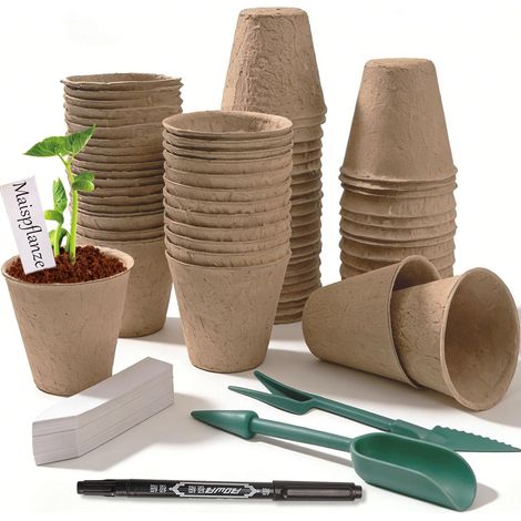 70 seedling pots Ø 8 cm biodegradable fibre seedling pot set, peat-free, with 70 plastic plant labels, a pair of transplanting tools and a black marker for greenhouse and garden (1/5)