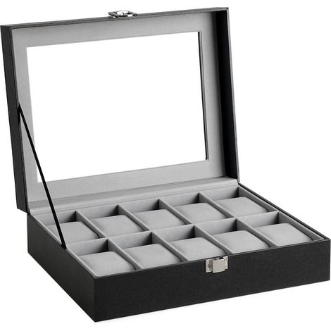 scatola per orologi con coperchio in vetro e cuscinetto in velluto rimovibile con chiusura in metallo nero 120006110