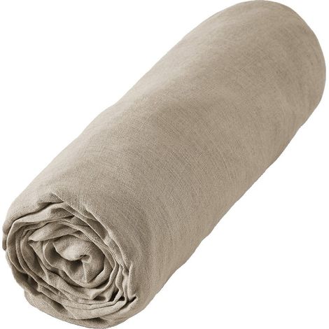 MARGAUX - Drap Housse 160x200cm Lin Lavé Coloris Sable (1/4)