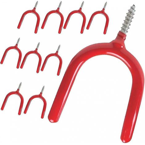 BEBUSINGOTO Crochet de rangement à visser, crochet utilitaire pour Garage, ensemble de crochets polyvalents pour outils de jardin, pelle râteau rouge, paquet de 10 (1/5)