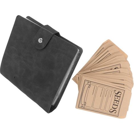 Álbum para almacenar semillas de plantas, Piel sintética, 50 sobres + 25 páginas interiores + 50 ranuras para tarjetas, Negro (1/5)