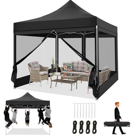 Faltpavillon 3x3m wasserdicht mit Moskitonetz, robust, höhenverstellbar, schwarz (1/5)