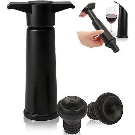 Pompe à vin noire avec deux bouchons, idéale pour préserver la fraîcheur du vin après ouverture de la bouteille. (1/4)