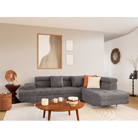 Bestmobilier – Canapé d'angle droit 5 places convertible – Coffre de rangement – Têtières réglables – Velours texturé gris – Dimensions 258x188cm (1/5)