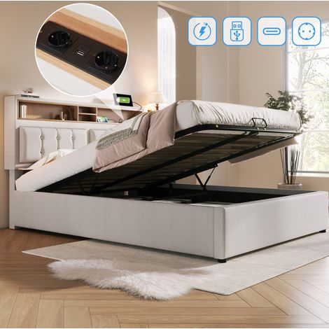 Cama 140x200 cm de lino beige, con almacenaje y USB, ahorra espacio, sin colchón – MEUBLIV (1/5)