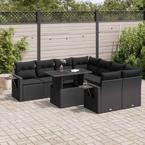 Sedute da esterno - Set Divani da Giardino 9 pz con Cuscini Nero in Polyrattan (1/5)