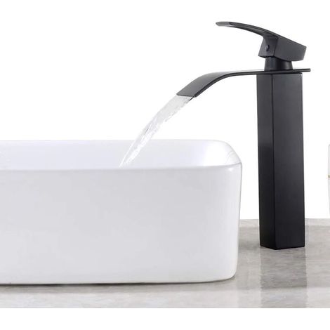CCYKXA Schwarzer Wasserfall-Waschtischhahn, Auslaufhöhe 260 mm, hoher Waschtisch-Mischbatterie für Badezimmer, großer quadratischer Messing-Auslaufhahn, heißes und kaltes Wasser verfügbar, (1/5)