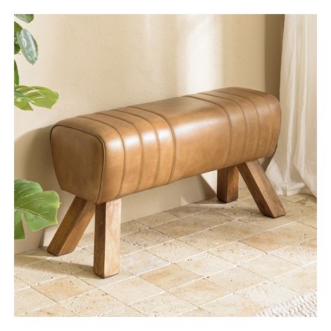 MARCEL - Banc matelassé cuir marron pieds inclinés en bois de manguier (1/6)