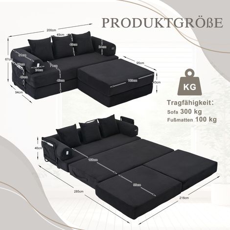 Canapé modulaire noir avec pouf, structure métallique solide, poche de rangement latérale et 3 coussins douillets – rembourrage extra épais pour confort optimal, polyvalent et modulable (1/4)