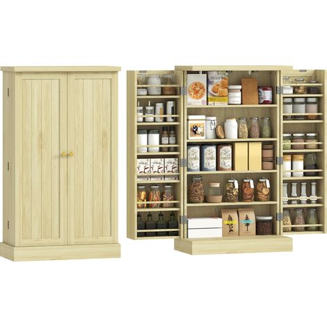Dispensa 104 cm, 12 rastrelliere spezie, ripiani regolabili, legno naturale.