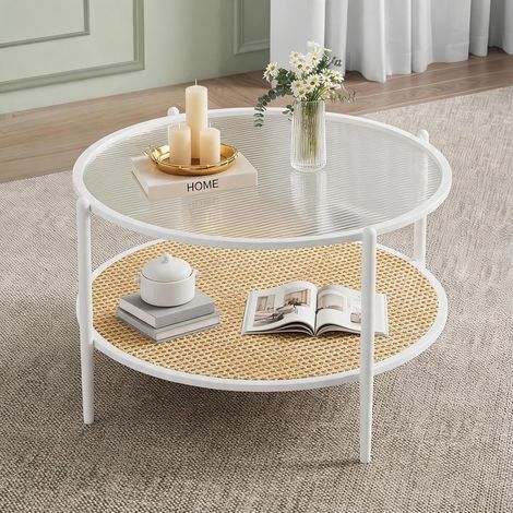 Table basse ronde en rotin 2 niveaux – 76 cm – Plateau verre trempé à vague – Structure métallique noire – Rangement – Moderne – Idéale pour petits espaces, salon et bureau (1/5)