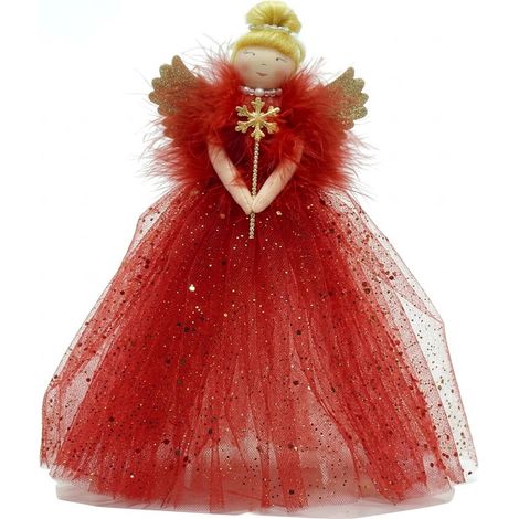 Puntale Angelo Rosso 30 cm per Albero di Natale in Tulle e Piume con Brillantini Oro e Bacchetta con Fiocco di Neve Decorazione Natalizia Elegante per Cima Albero e Centrotavola (1/5)