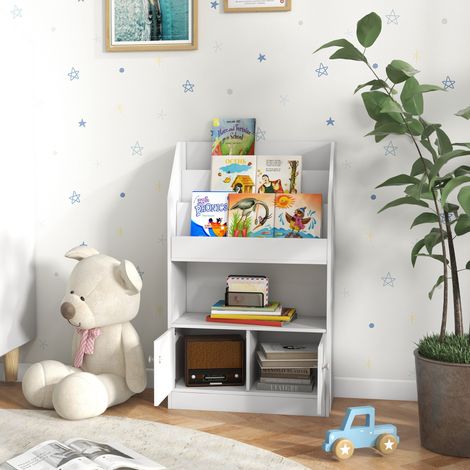 Libreria per bambini con 3 scomparti verticali e armadietto, adatta a bambini dai 3 anni in su, 60x29,5x100 cm, colore bianco. (1/5)