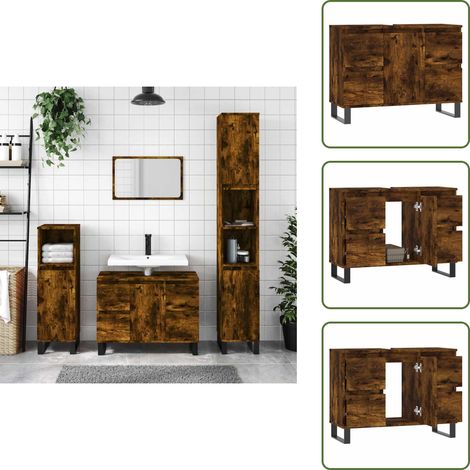 Armoire salle de bain chêne fumé 80x33x60cm bois d'ingénierie - Meuble De Salle De Bain - Armoire De Salle De Bain - Rangement Salle De Bain - Commode Salle De Bain - Mobilier Salle De Bain