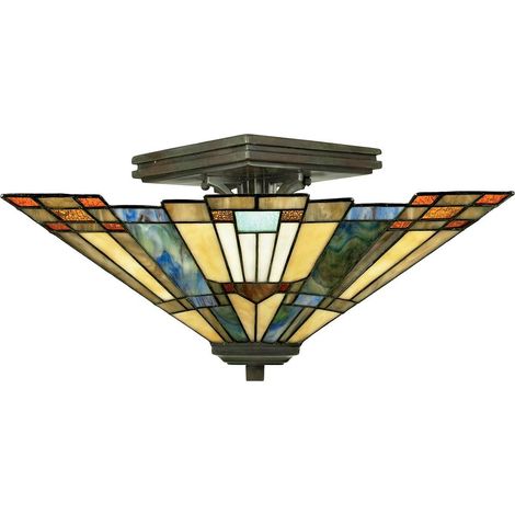 Elstead Inglenook - Plafonnier semi-affleurant Tiffany à 2 ampoules, bronze, E27 (1/4)