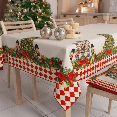 Nappe de Noël Anti-Taches Carrée, Couvre-Table, Cuisine, Motif Casse-Noisette Rouge X4 Places (140 x 140 cm) 100% fabriquée en Italie (1/5)