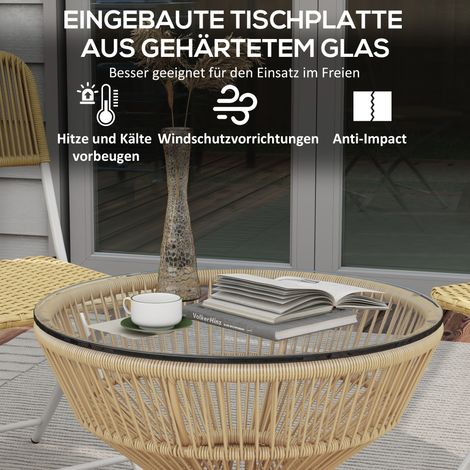 Table basse d'extérieur en rotin PE, plateau en verre, 60 cm x 60 cm x 50 cm, couleur naturelle (1/4)
