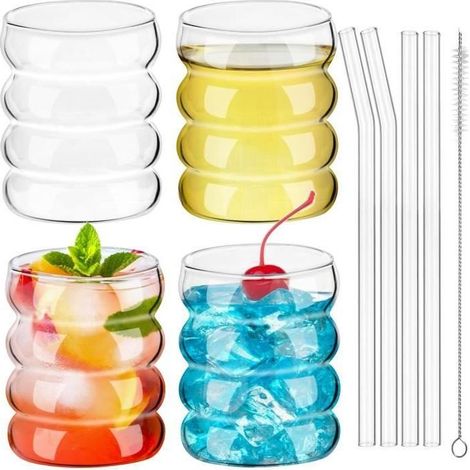 Verre à Eau - Bulles - 350ml - Verres Cannelés - Pailles en Verre - Design Ondulé (1/4)