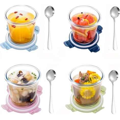 Lot de 4 Récipients en Verre 800 ml avec Couvercles Hermétiques - Bols pour Soupe, Compatible Micro-ondes, sans BPA (4 Ronds L) (1/4)