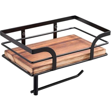 Porte-Papier Toilette - Murale En Fer Forgé Avec Étagère En Bois De Paulownia - Salle De Bain - 1 Pièce (1/5)