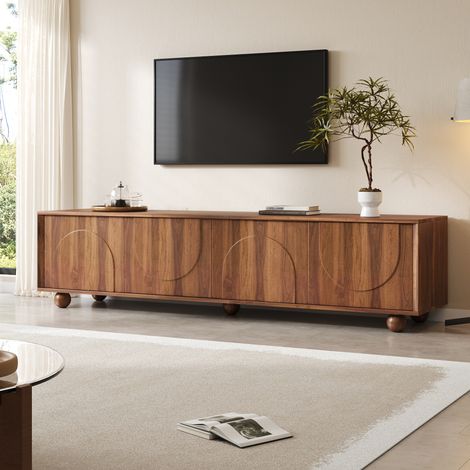 Meuble TV 180x40x44cm, 4 Portes Push-to-Open, Relief Demi-cercle, Pieds Boules Bois, Noyer, pour Salon (1/4)