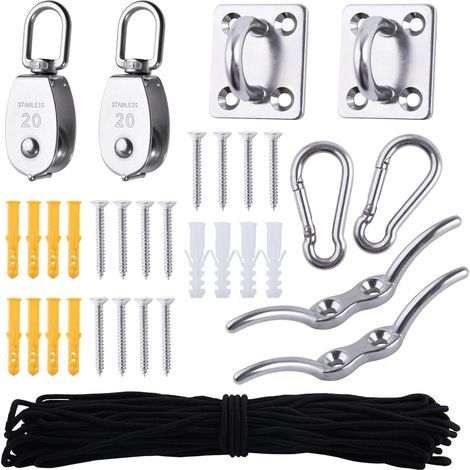 Kit Poulie Simple en Acier Inoxydable 304 M20 – 9 Pièces avec Cordage Nylon, Plaque Œillet et Taquet – Système de Levage et Suspension Robustepour Garage, Bricolage et Hanging (1/5)