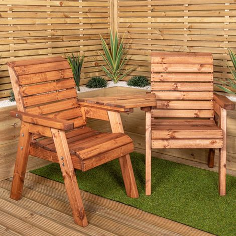 Charles Taylor Hand Made 2 Seater Chunky Rustic Wooden Garden Furniture Love Seat with Tray Flatpacked (1/5)