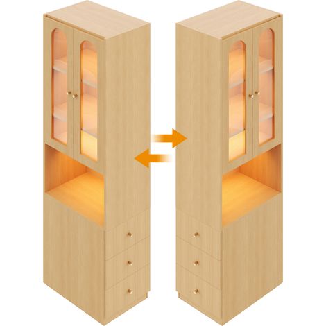 Libreria alta stretta 60x40x200 cm in MDF color rovere con vetrina LED e cassetti (1/5)