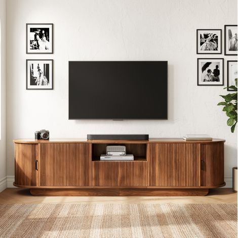 Mueble TV bajo con puertas correderas, estructura ondulada 3D, 180 x 40 x 50 cm, nogal DESVIAE (1/5)